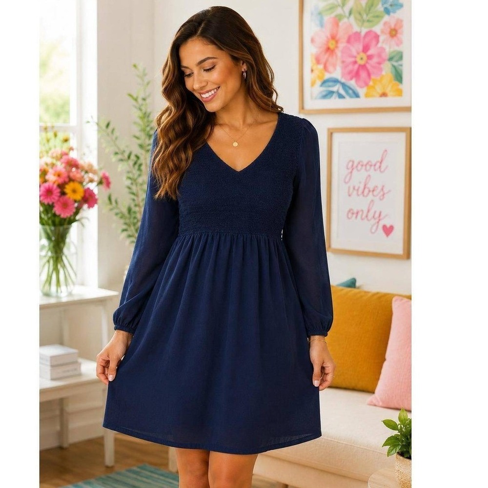 Old Navy Women Dress L Blue Smocked V-Neck Long Sleeve Boho Chambray